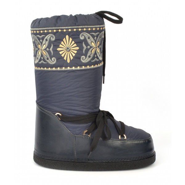 Женские теплые сапоги дутики (дутыши) луноходы Moon Boots (Мун бутс) в синем цвете с вышивкой. Самая теплая обувь для женщин.