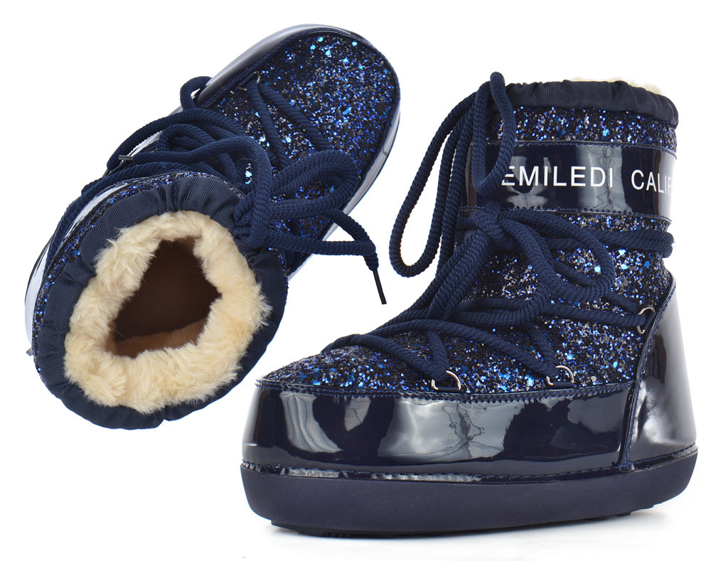 Дутики женские луноходы термо Moon Boots Jewelry синие с блестками