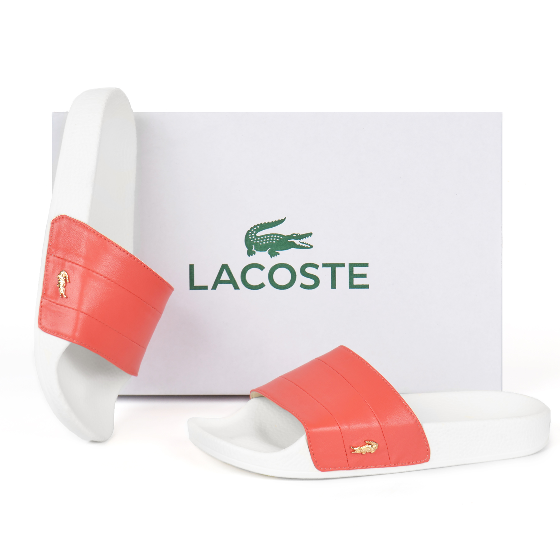 Шлепанцы Lacoste женские из натуральной кожи кораллового цвета на белой подошве самый модный хит 2020 года купить в Украине интернет-магазин обуви nanogu.com.ua