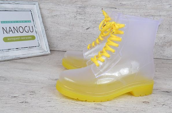 Купить Резиновые ботинки женские прозрачные с желтым Rain boot фото, в интернет-магазине обуви Nanogu.com.ua Днепр, Киев, Полтава, Чернигов, Харьков, Запорожье, Украина