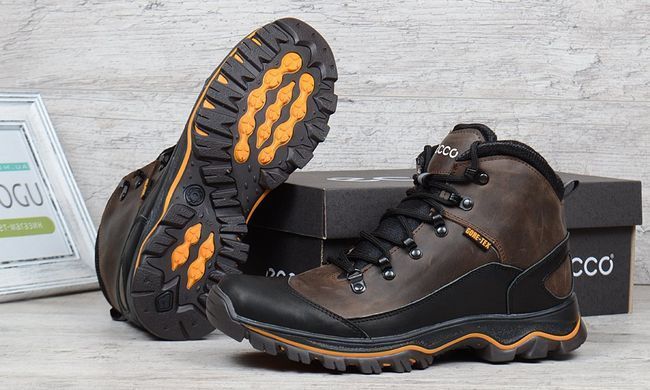 Купить Ботинки мужские зимние кожаные на меху Ecco Gore-tex хаки фото, в интернет-магазине обуви Nanogu.com.ua Днепр, Киев, Полтава, Чернигов, Харьков, Запорожье, Украина