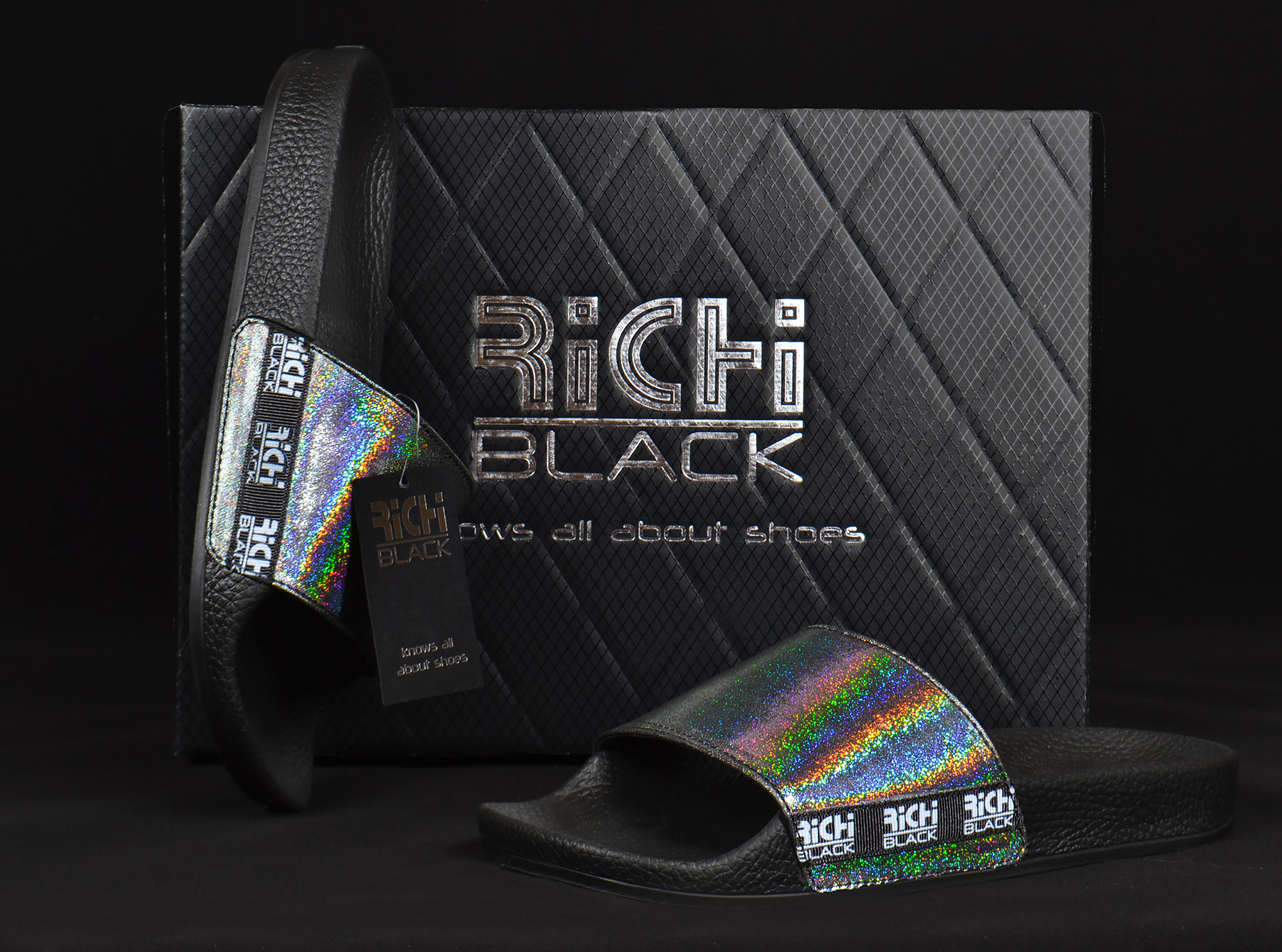 Самые модные шлепанцы 2020 голографик (holographic) ТМ Richi Black из натуральной кожи купить в Украине